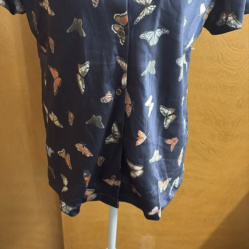 Honeydew Blue Butterfly Satin Like Pajama Top Button Down Size XS